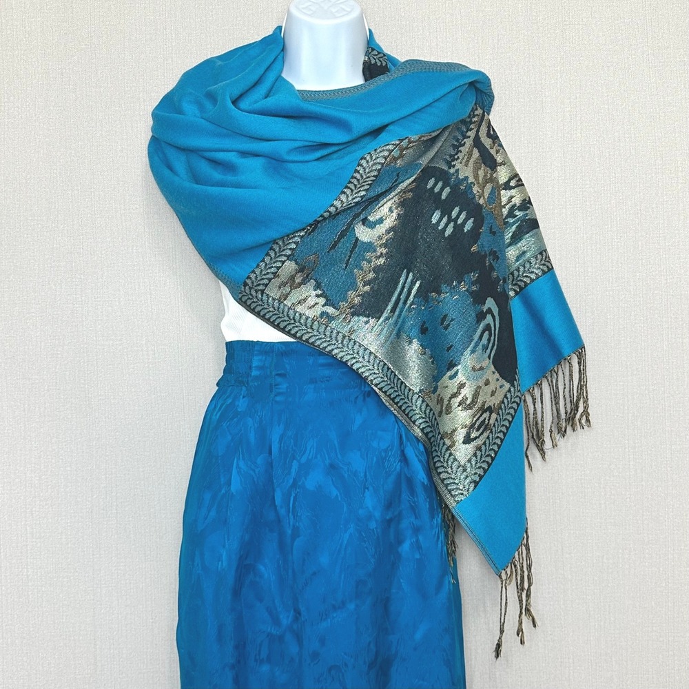 Pashmina‎ Turquoise Blue Gold Metallic Abstract Jacquard Scarf Shawl Wrap Fringe